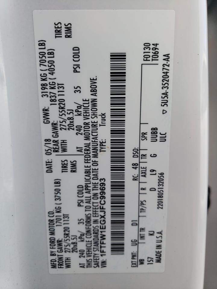 2018 Ford F-150 VIN 1FTFW1EGXJFC99693 Copart auction photo, front end damage thumbnail 13