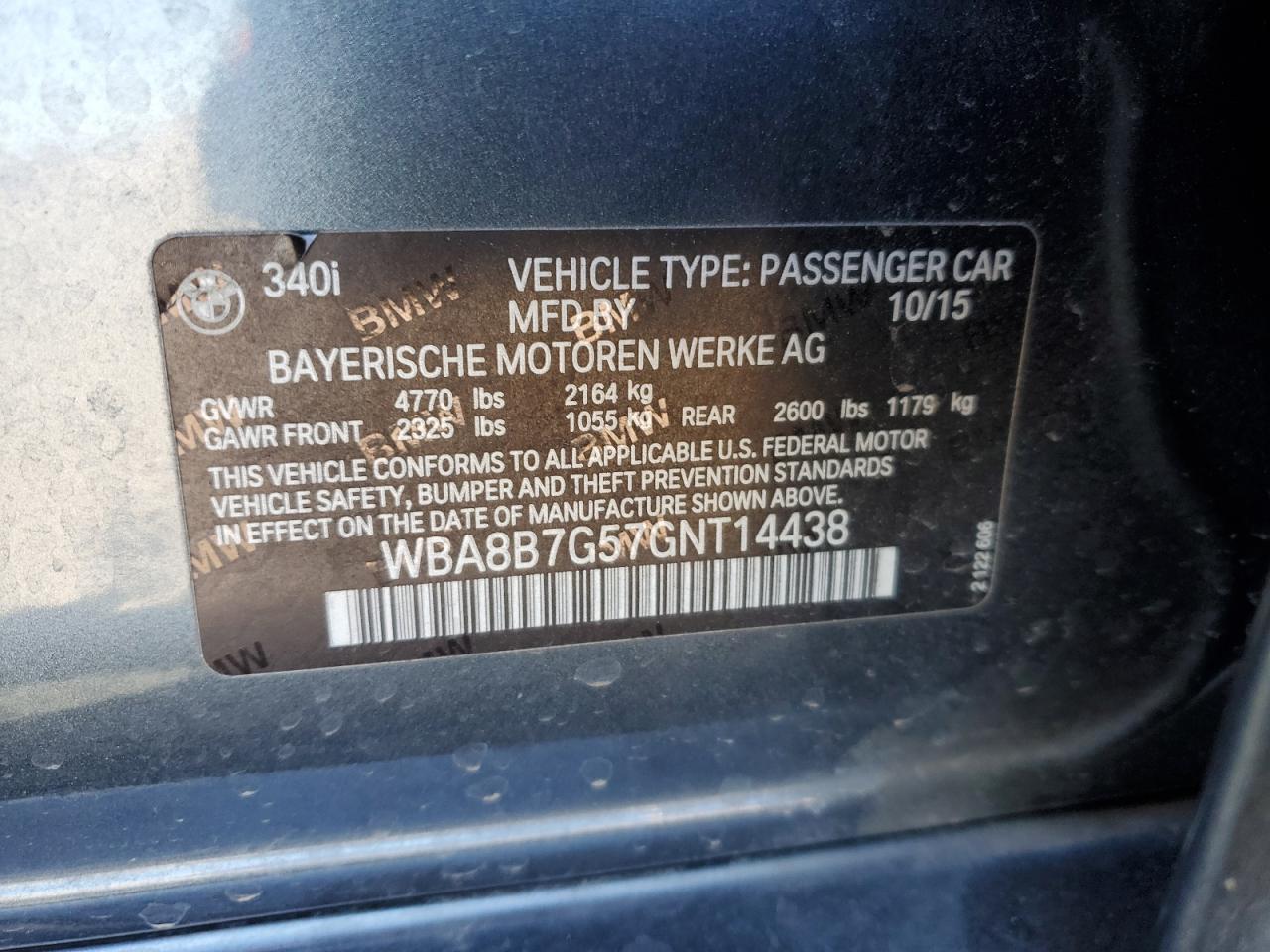 2016 BMW 3er VIN WBA8B7G57GNT14438 Copart auction photo, all over damage thumbnail 14