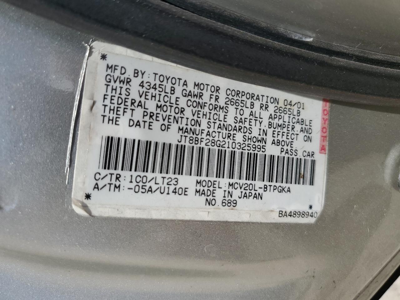 2001 Lexus ES VIN JT8BF28G210325995 Copart auction photo, water/flood damage thumbnail 13
