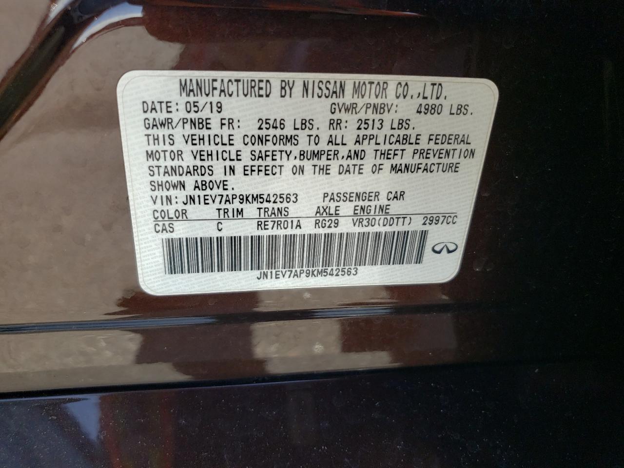 2019 Infiniti Q50 VIN JN1EV7AP9KM542563 Copart auction photo, front end damage thumbnail 13