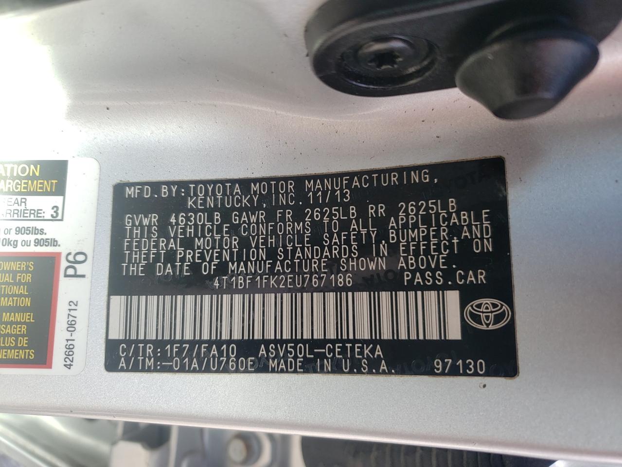 2014 Toyota Camry VIN 4T1BF1FK2EU767186 Copart auction photo, side / rear end damage thumbnail 14