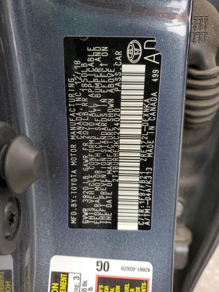 2019 Toyota Corolla VIN 2T1BURHE3KC224020 Copart auction photo, rear end / hail damage thumbnail 12