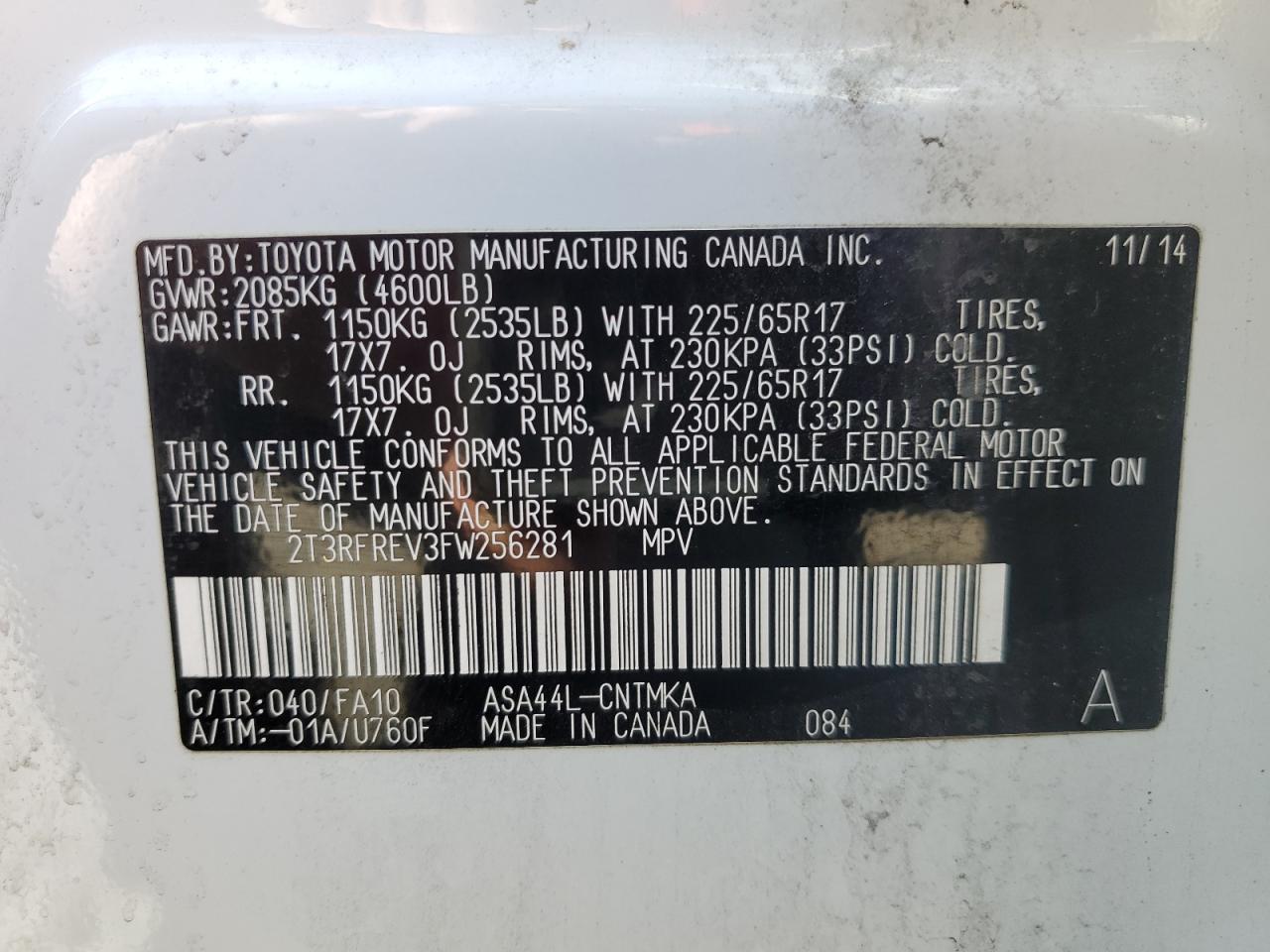 2015 Toyota RAV 4 VIN 2T3RFREV3FW256281 Copart auction photo, mechanical / minor dent/scratches damage thumbnail 13