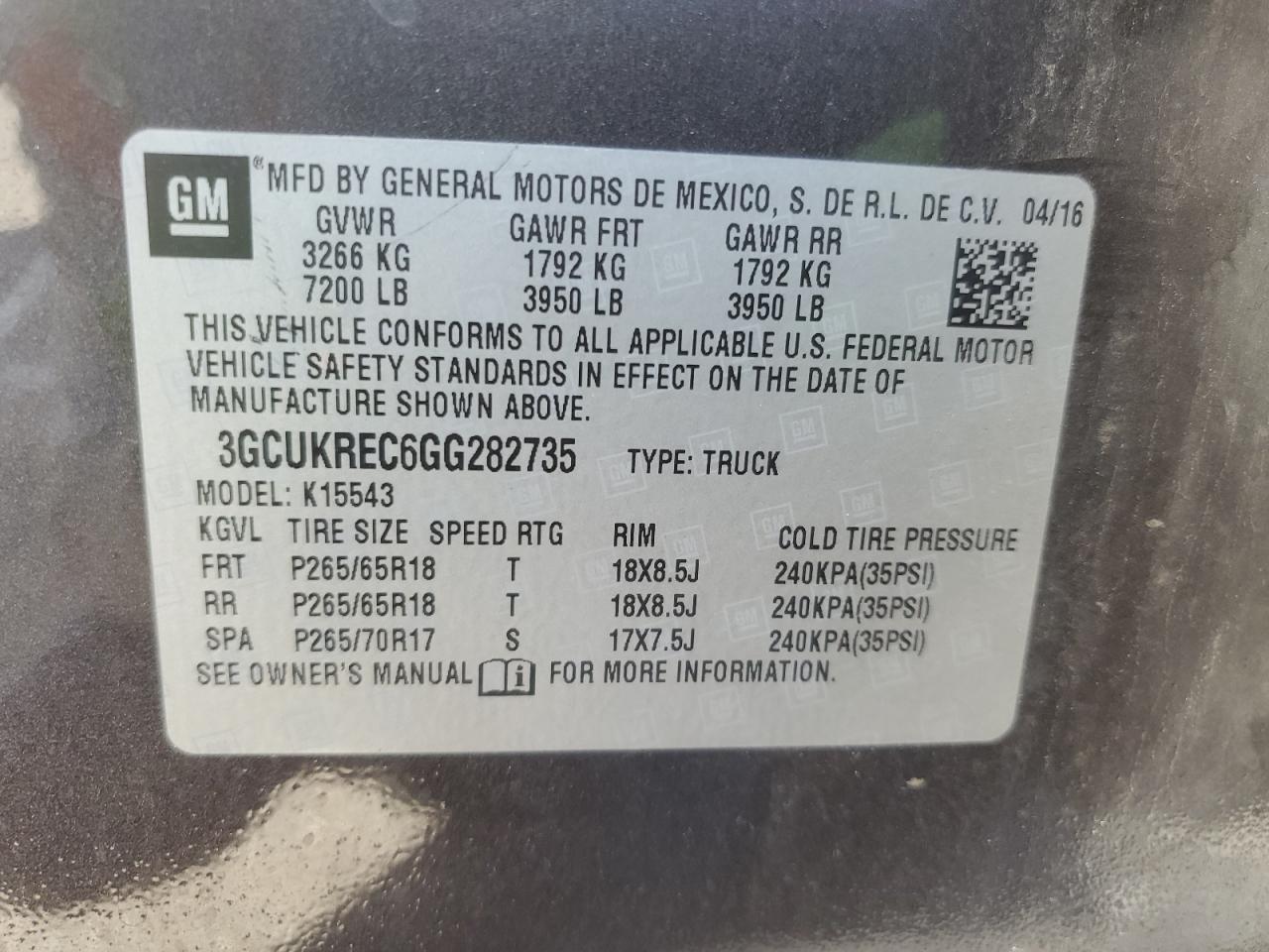 2016 Chevrolet Silverado VIN 3GCUKREC6GG282735 Copart auction photo, rear end / side damage thumbnail 12