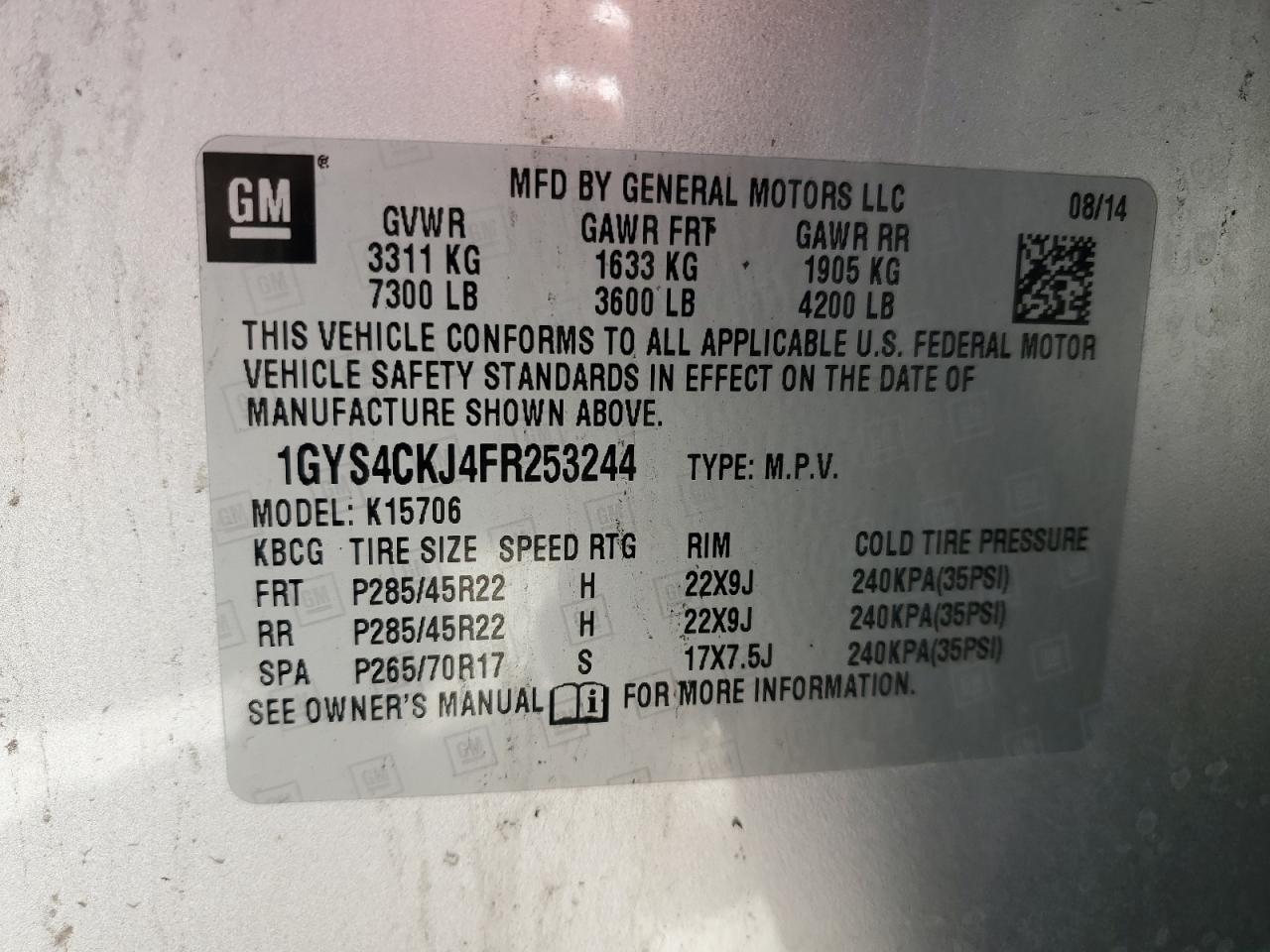 2015 Cadillac Escalade VIN 1GYS4CKJ4FR253244 Copart auction photo, burn damage thumbnail 14