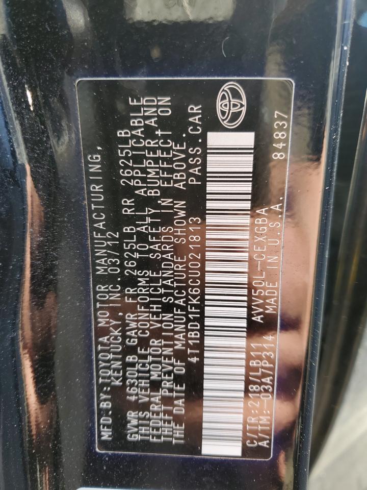 2012 Toyota Camry VIN 4T1BD1FK6CU021813 Copart auction photo, front end / rear end damage thumbnail 12