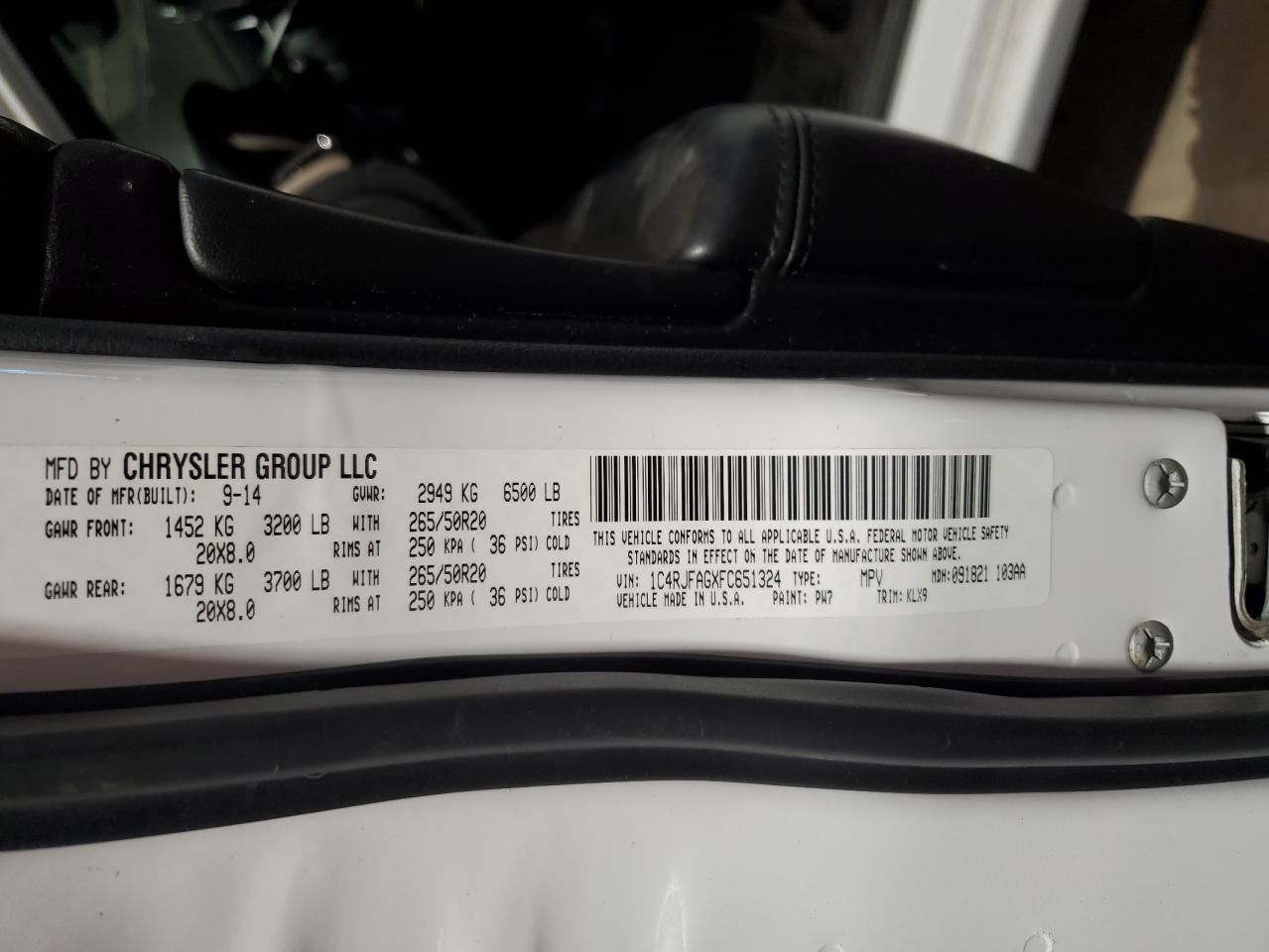 2015 Jeep Grand Cherokee VIN 1C4RJFAGXFC651324 Copart auction photo, front end damage thumbnail 13
