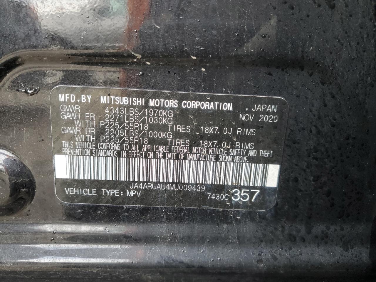 2021 Mitsubishi Outlander VIN JA4ARUAU4MU009439 Copart auction photo, rear end / undercarriage damage thumbnail 13