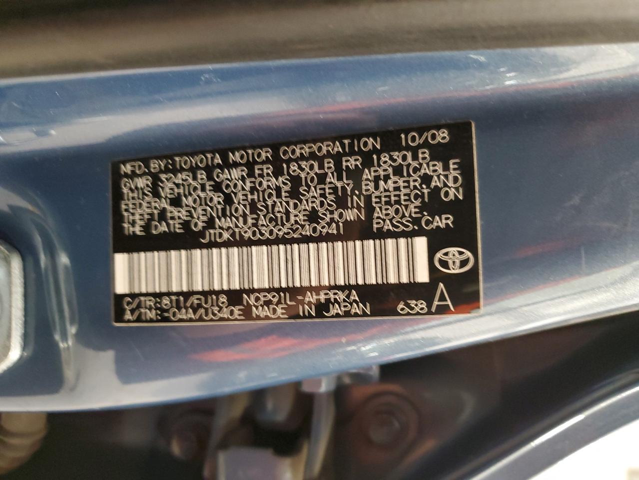 2009 Toyota Yaris VIN JTDKT903095240941 Copart auction photo, front end damage thumbnail 12