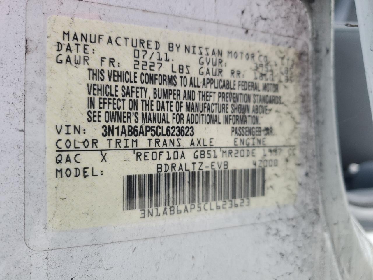 2012 Nissan Sentra VIN 3N1AB6AP5CL623623 Copart auction photo, front end / rear end damage thumbnail 13