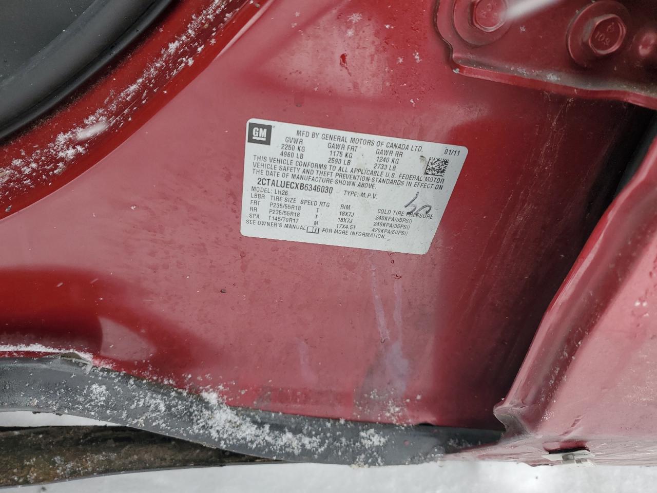 2011 GMC Terrain VIN 2CTALUECXB6346030 Copart auction photo, rollover damage thumbnail 13
