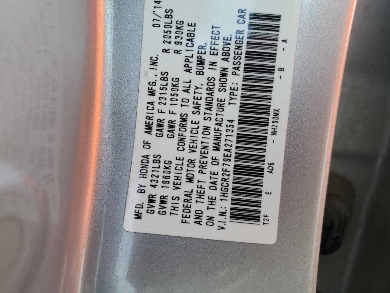 2014 Honda Accord VIN 1HGCR2F79EA271354 Copart auction photo, front end / side damage thumbnail 13