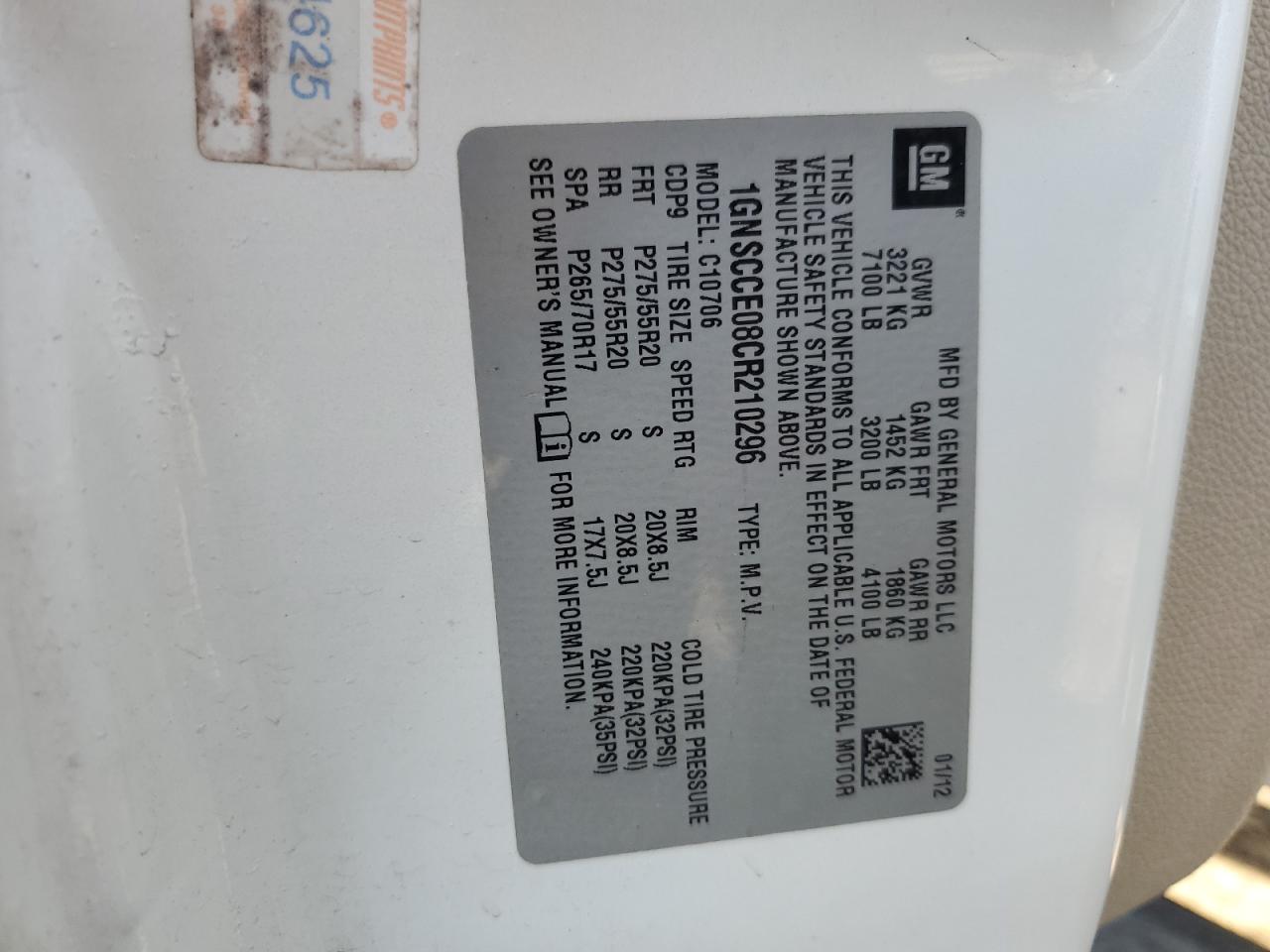 2012 Chevrolet Tahoe VIN 1GNSCCE08CR210296 Copart auction photo, side / rear end damage thumbnail 14