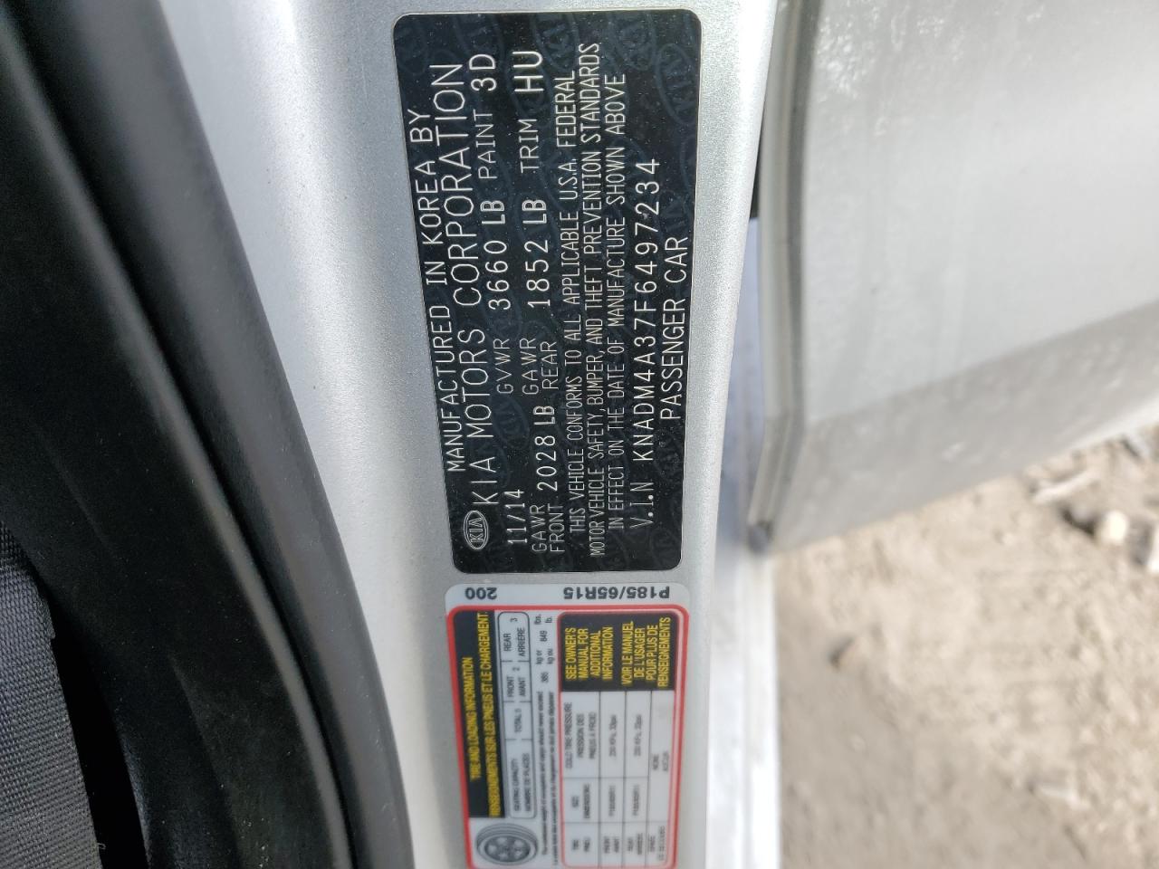 2015 KIA Rio VIN KNADM4A37F6497234 Copart auction photo, front end damage thumbnail 14