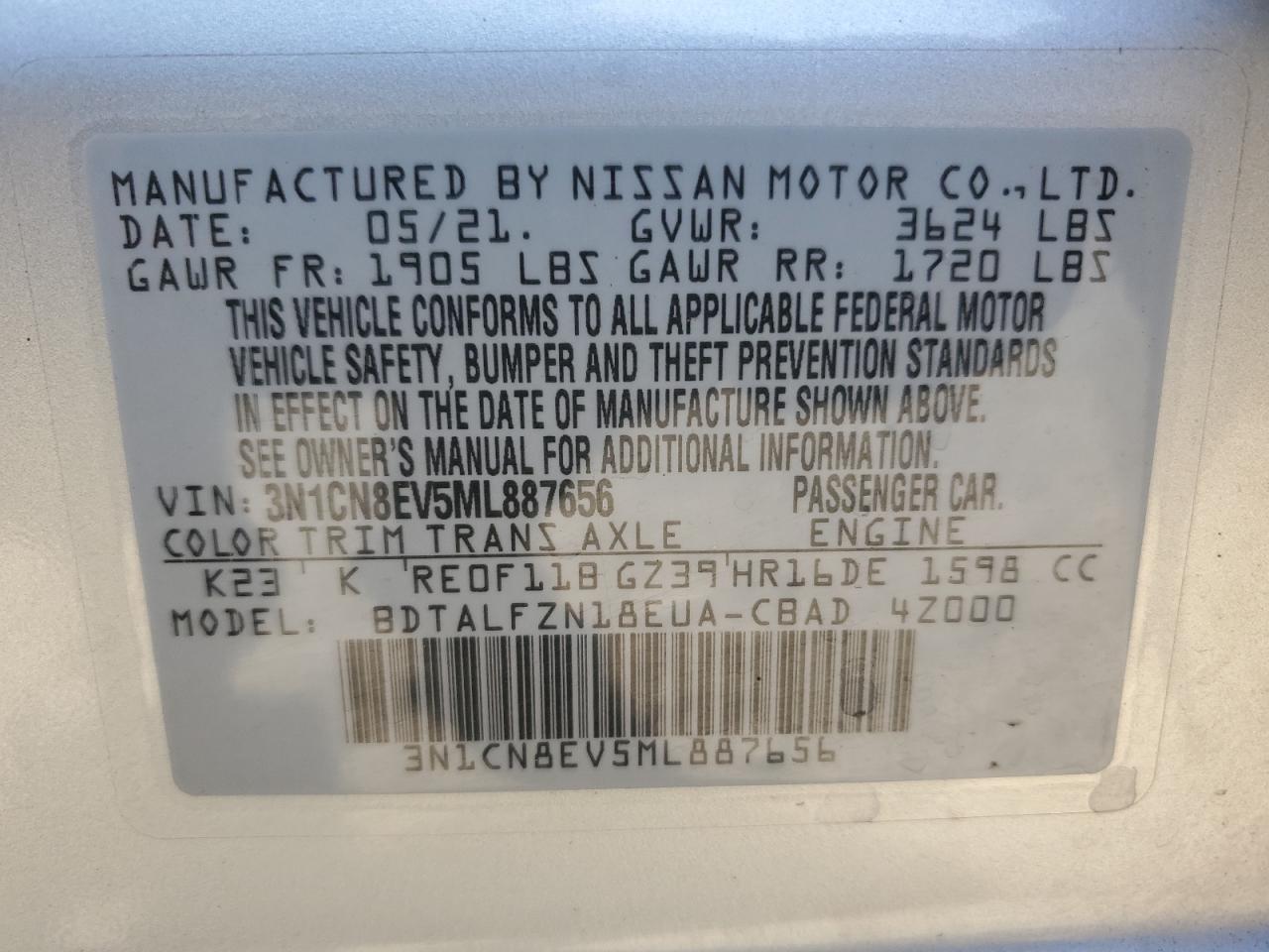 2021 Nissan Versa VIN 3N1CN8EV5ML887656 Copart auction photo, front end damage thumbnail 14
