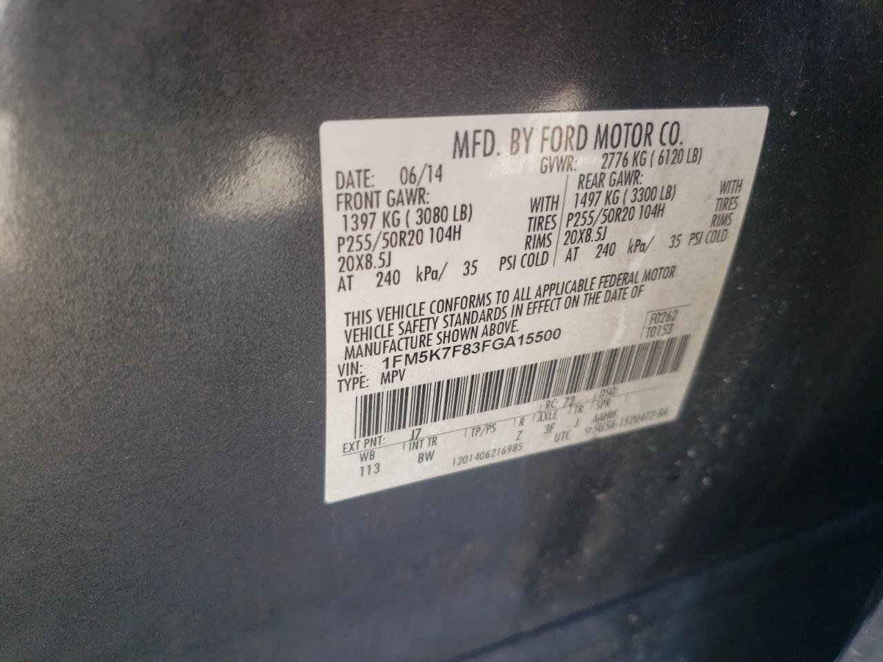 2015 Ford Explorer VIN 1FM5K7F83FGA15500 Copart auction photo, rear end damage thumbnail 13