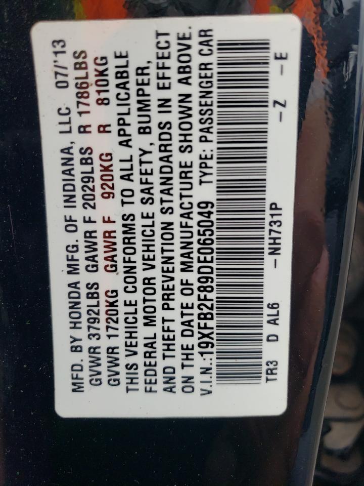2013 Honda Civic VIN 19XFB2F89DE065049 Copart auction photo, rear end / undercarriage damage thumbnail 14