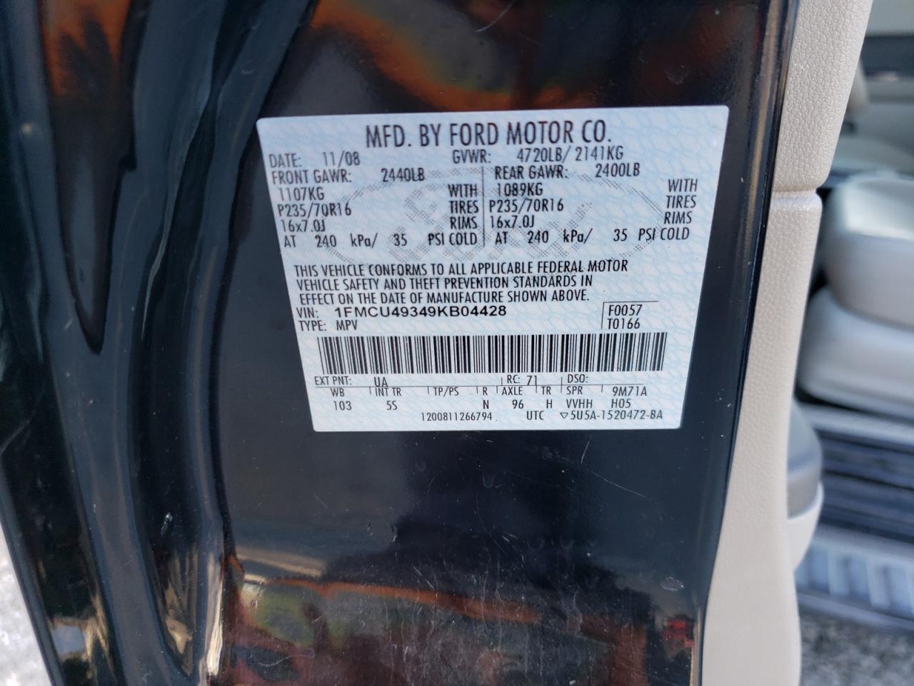 2009 Ford Escape VIN 1FMCU49349KB04428 Copart auction photo, rear end / undercarriage damage thumbnail 12