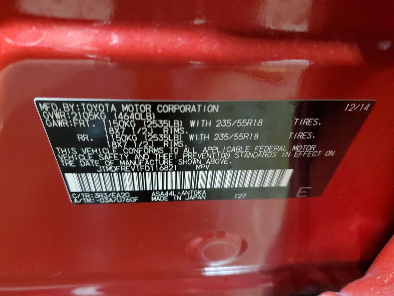 2015 Toyota RAV 4 VIN JTMDFREV1FD116821 Copart auction photo, front end damage thumbnail 16
