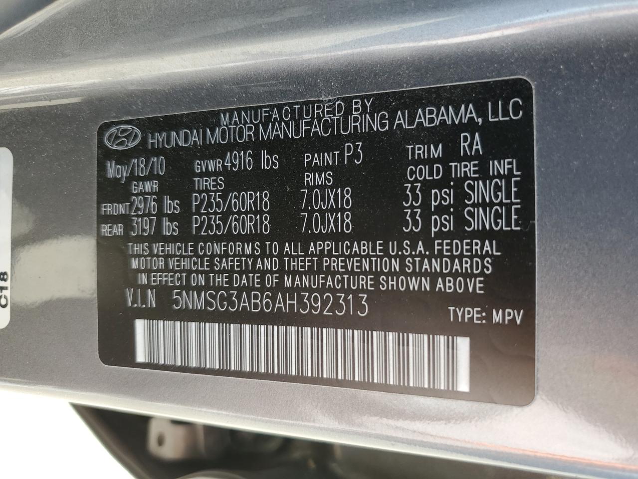 2010 Hyundai Santa Fe VIN 5NMSG3AB6AH392313 Copart auction photo, front end damage thumbnail 14