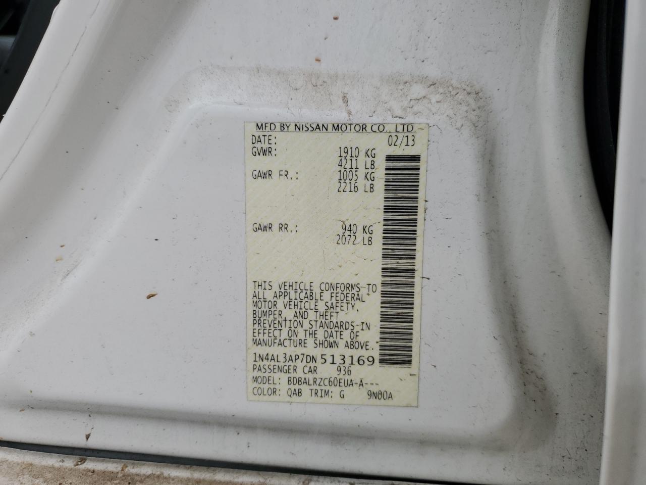 2013 Nissan Altima VIN 1N4AL3AP7DN513169 Copart auction photo, rear end damage thumbnail 13