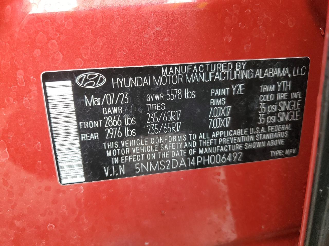 2023 Hyundai Santa Fe VIN 5NMS2DA14PH006492 Copart auction photo, front end / minor dent/scratches damage thumbnail 15