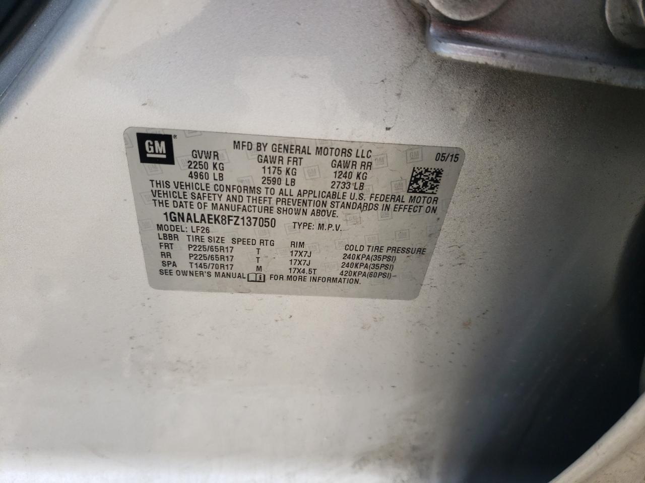 2015 Chevrolet Equinox VIN 1GNALAEK8FZ137050 Copart auction photo, rear end damage thumbnail 13