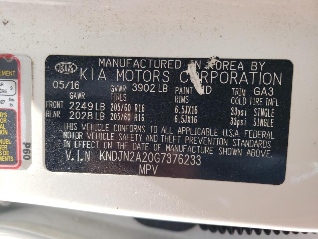 2016 KIA Soul VIN KNDJN2A20G7376233 Copart auction photo, all over damage thumbnail 14