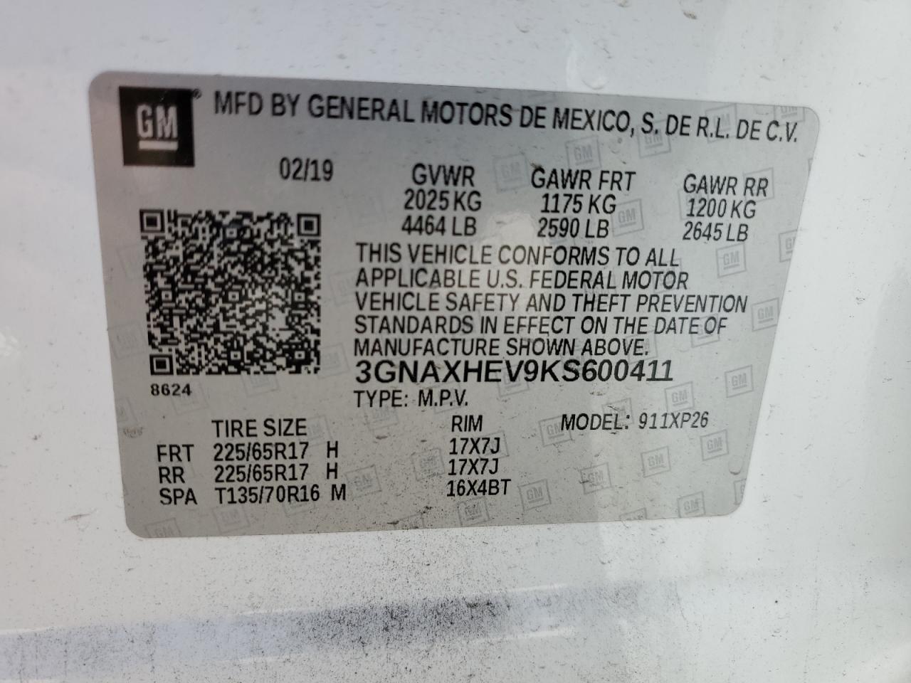 2019 Chevrolet Equinox VIN 3GNAXHEV9KS600411 Copart auction photo, rollover damage thumbnail 14