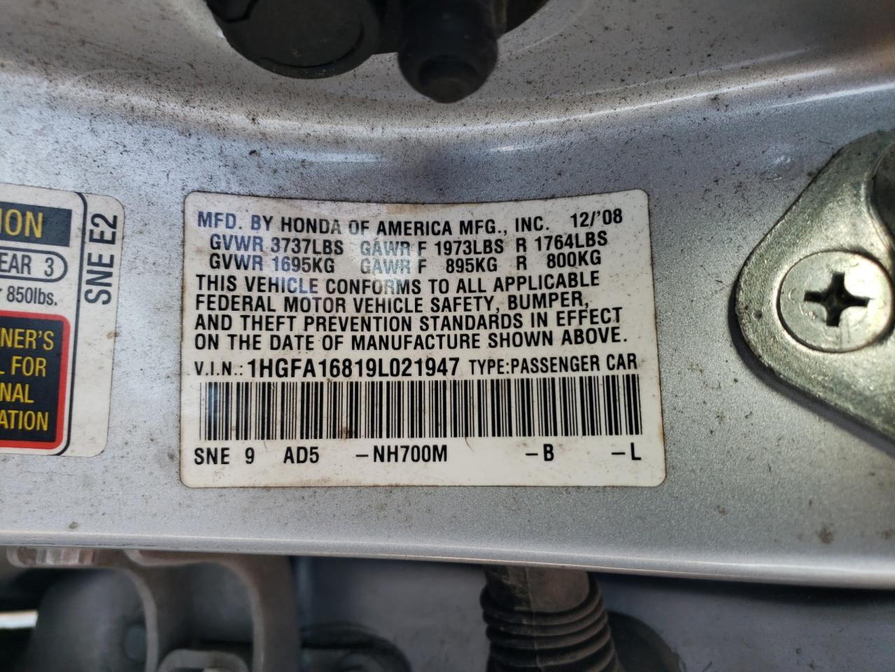 2009 Honda Civic VIN 1HGFA16819L021947 Copart auction photo, front end / rear end damage thumbnail 15