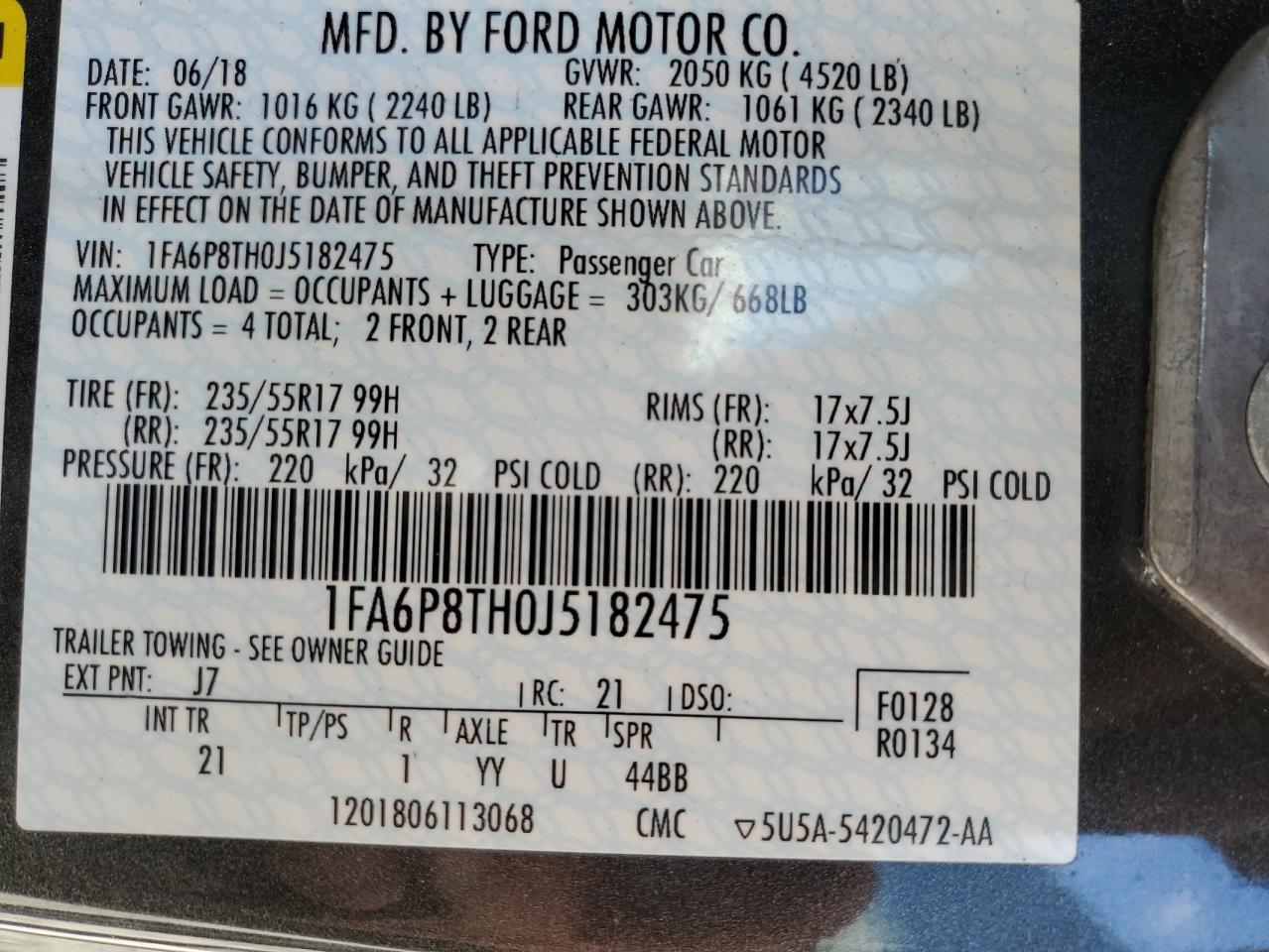 2018 Ford Mustang VIN 1FA6P8TH0J5182475 Copart auction photo, all over damage thumbnail 12