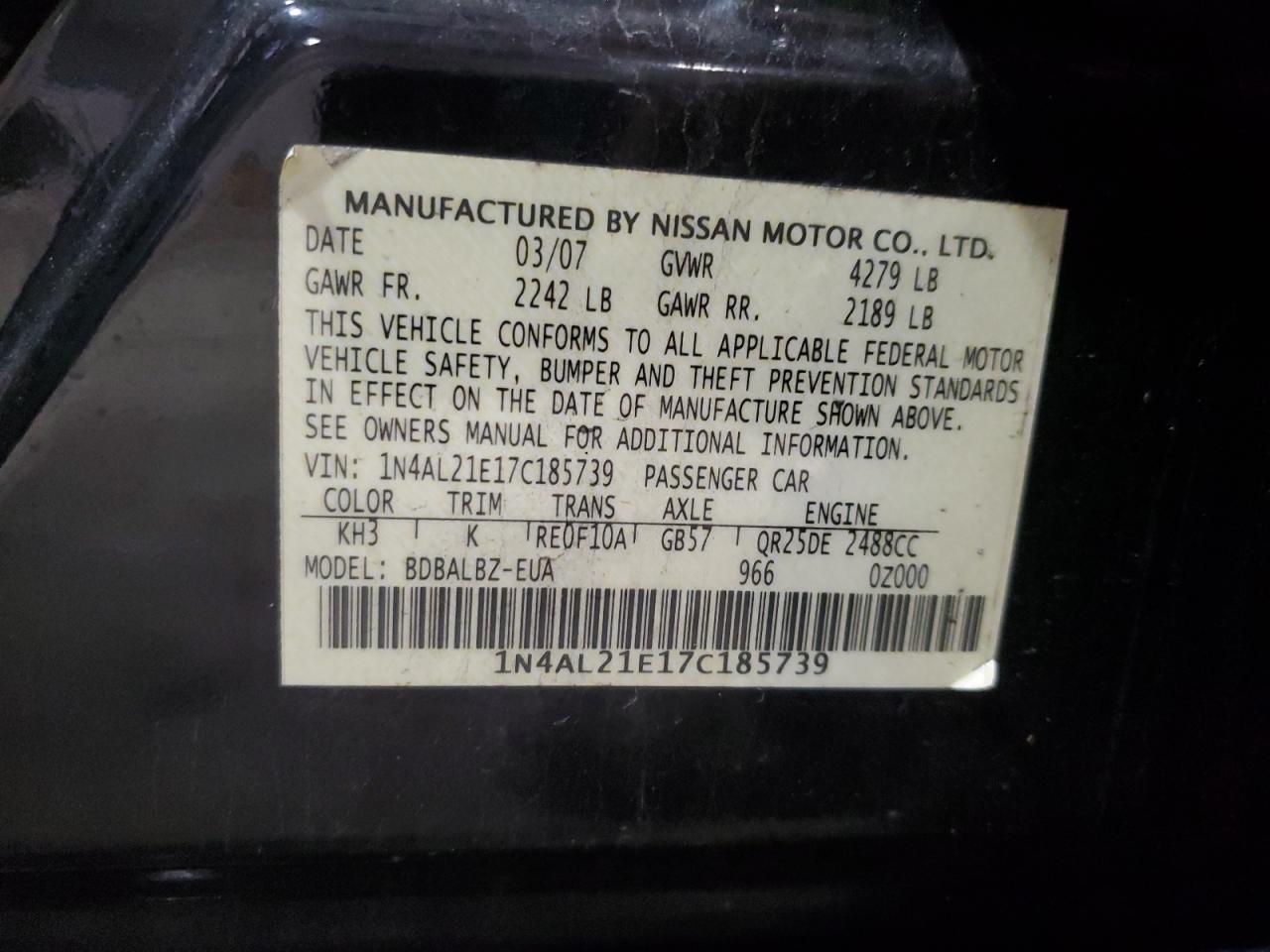 2007 Nissan Altima VIN 1N4AL21E17C185739 Copart auction photo, front end damage thumbnail 12