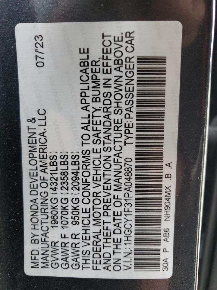 2023 Honda Accord VIN 1HGCY1F31PA048870 Copart auction photo, front end damage thumbnail 14