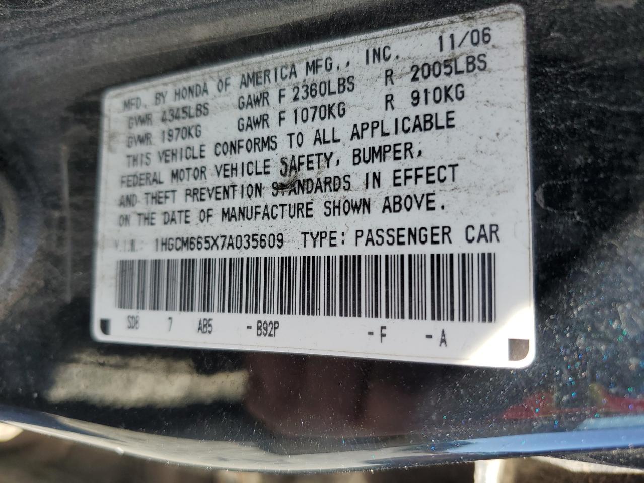2007 Honda Accord VIN 1HGCM665X7A035609 Copart auction photo, all over / mechanical damage thumbnail 12