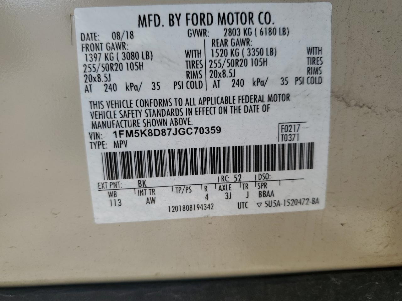 2018 Ford Explorer VIN 1FM5K8D87JGC70359 Copart auction photo, front end damage thumbnail 15