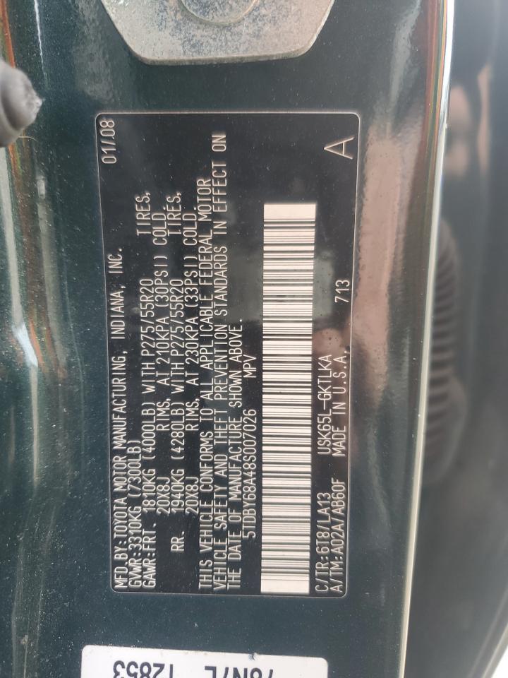 2008 Toyota Sequoia VIN 5TDBY68A48S007026 Copart auction photo, front end / side damage thumbnail 15
