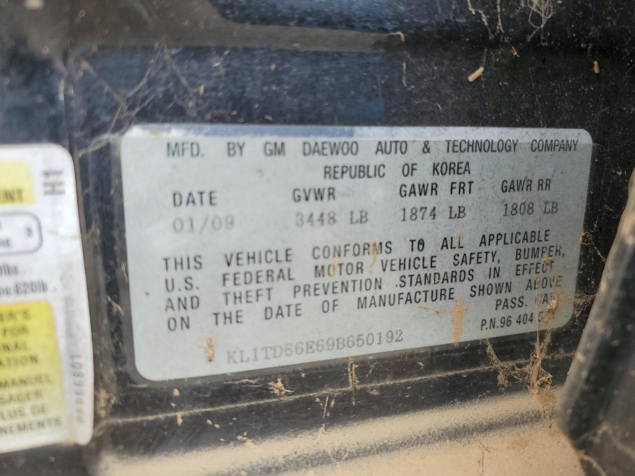 2009 Chevrolet Aveo VIN KL1TD66E69B650192 Copart auction photo, water/flood damage thumbnail 12