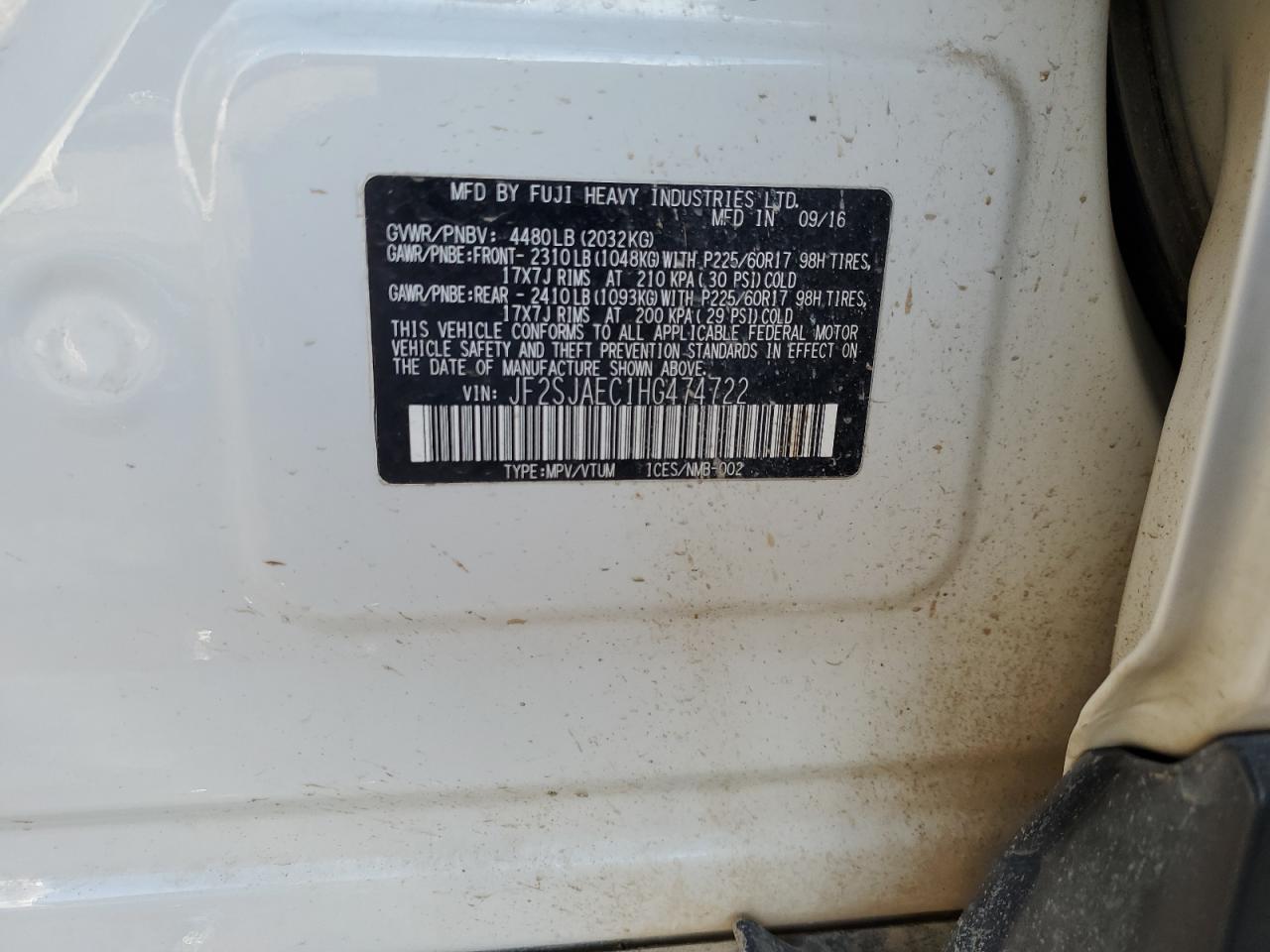 2017 Subaru Forester VIN JF2SJAEC1HG474722 Copart auction photo, front end damage thumbnail 15