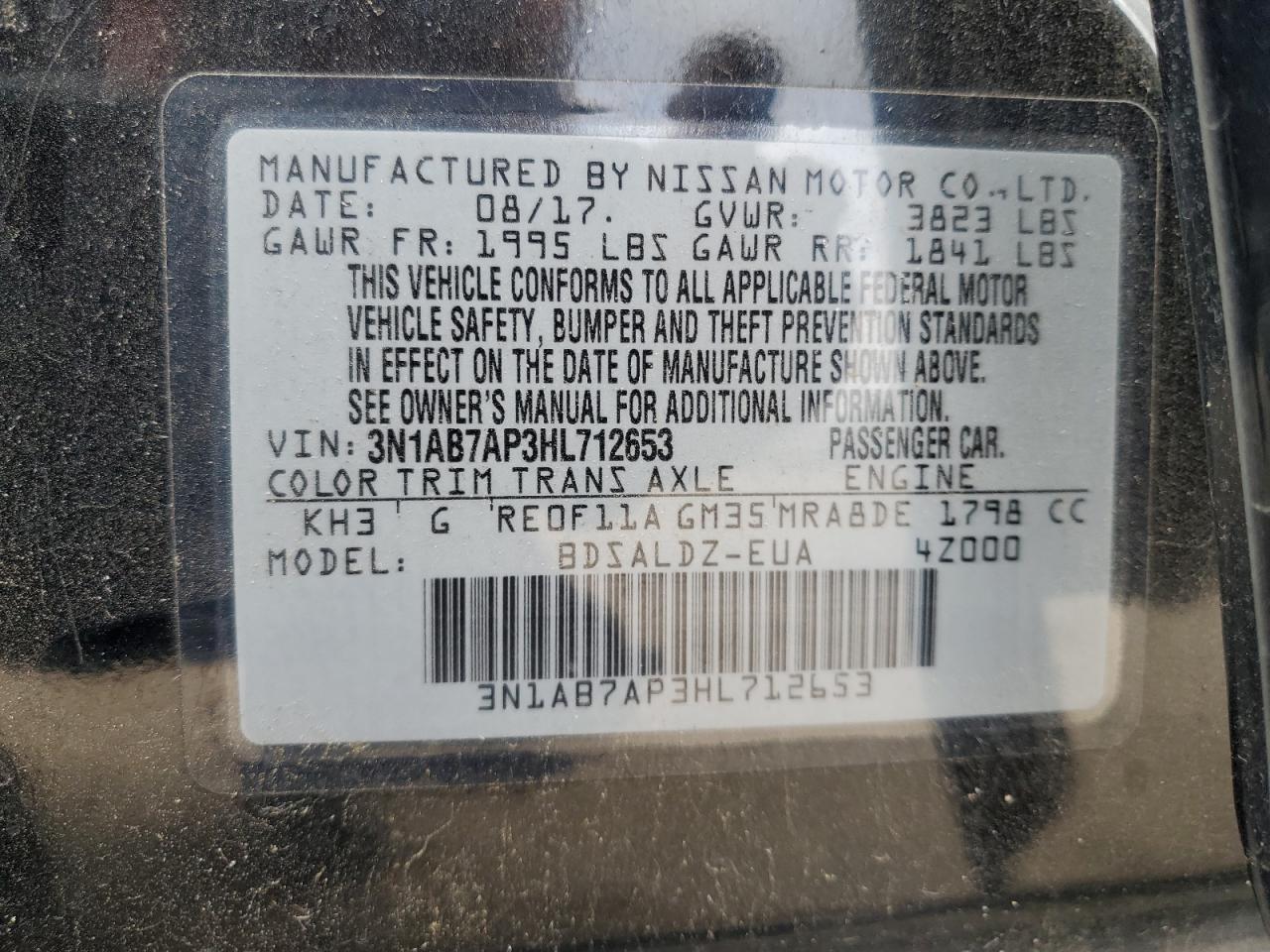 2017 Nissan Sentra VIN 3N1AB7AP3HL712653 Copart auction photo, rear end / side damage thumbnail 15