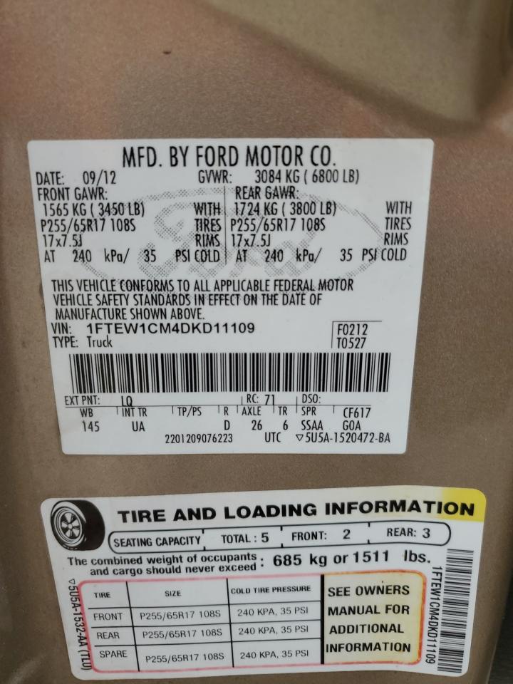 2013 Ford F-150 VIN 1FTEW1CM4DKD11109 Copart auction photo, front end damage thumbnail 12