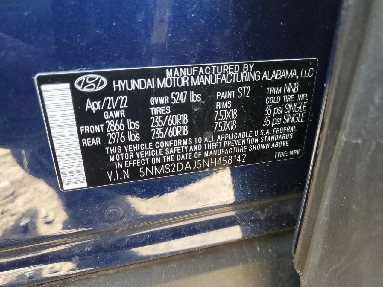 2022 Hyundai Santa Fe VIN 5NMS2DAJ5NH458142 Copart auction photo, front end / minor dent/scratches damage thumbnail 13