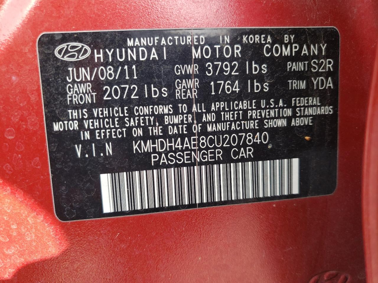 2012 Hyundai Elantra VIN KMHDH4AE8CU207840 Copart auction photo, all over damage thumbnail 15