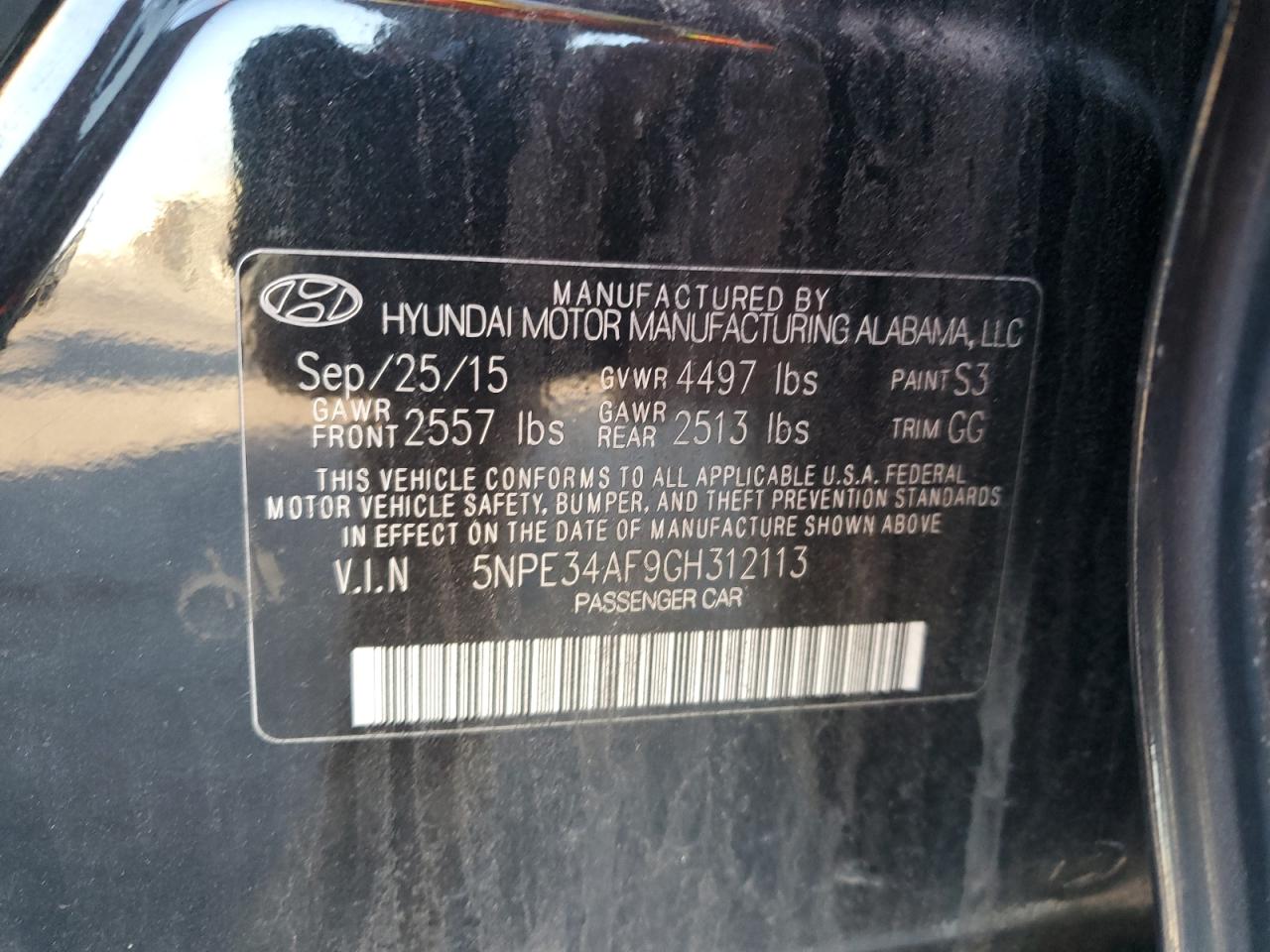 2016 Hyundai Sonata VIN 5NPE34AF9GH312113 Copart auction photo, front end damage thumbnail 12