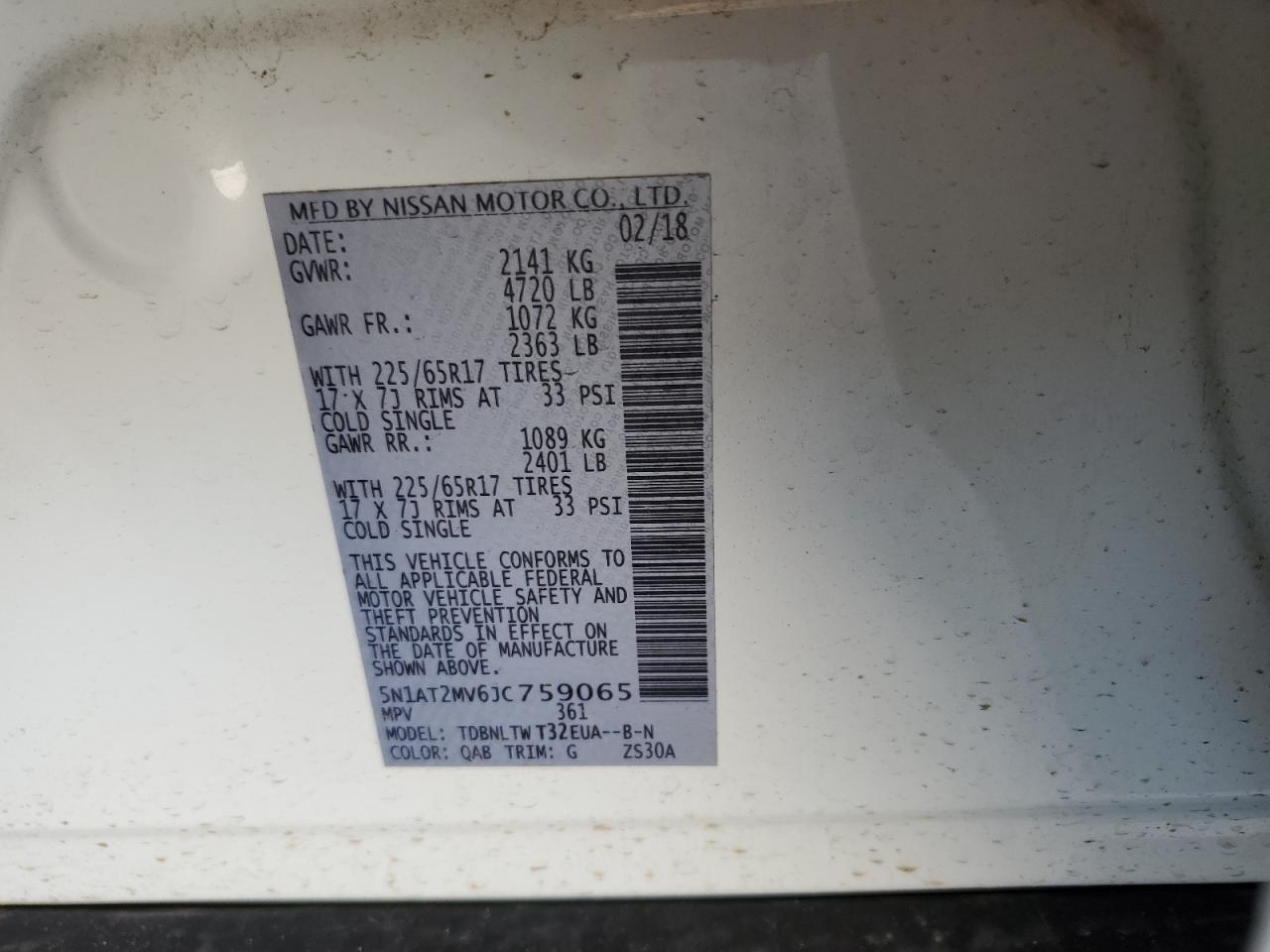2018 Nissan Rogue VIN 5N1AT2MV6JC759065 Copart auction photo, front end / minor dent/scratches damage thumbnail 13
