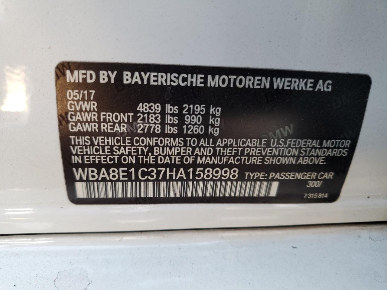 2017 BMW 3er VIN WBA8E1C37HA158998 Copart auction photo, rear end damage thumbnail 15