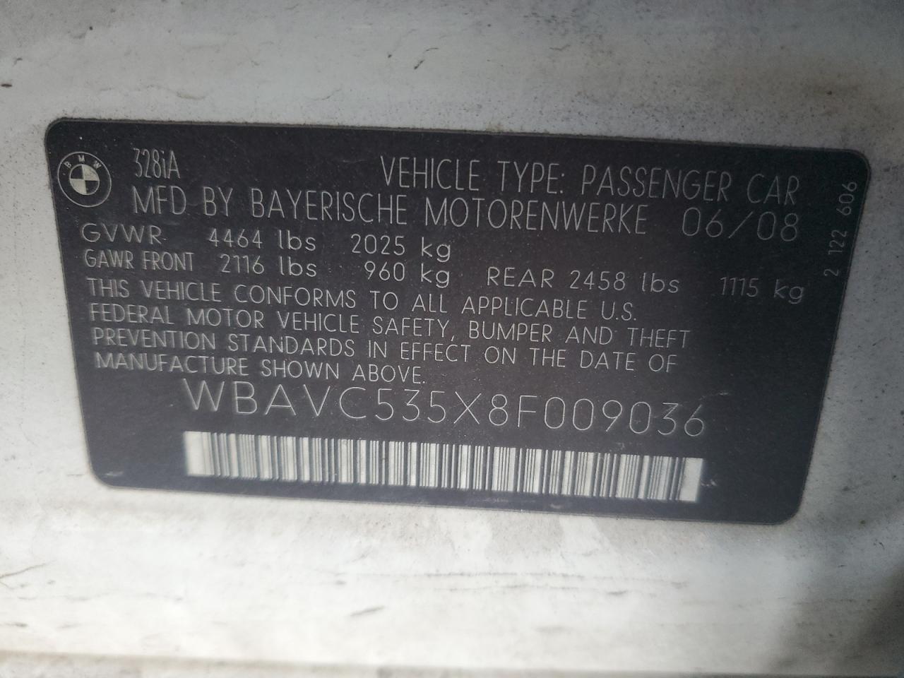 2008 BMW 3er VIN WBAVC535X8F009036 Copart auction photo, rear end / undercarriage damage thumbnail 12