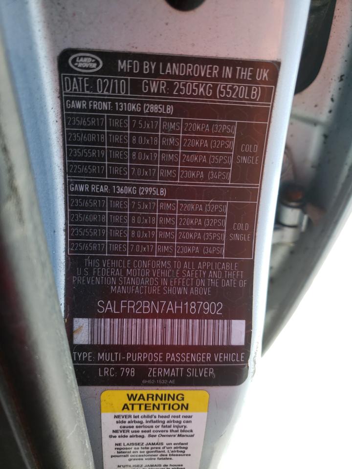 2010 Land Rover LR2 VIN SALFR2BN7AH187902 Copart auction photo, undercarriage / minor dent/scratches damage thumbnail 13