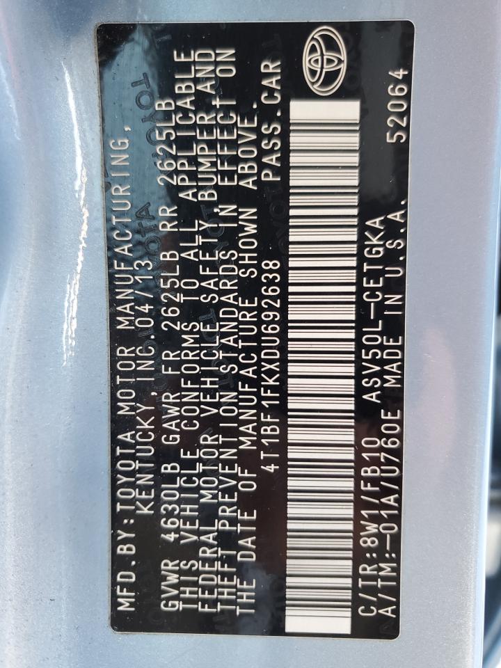 2013 Toyota Camry VIN 4T1BF1FKXDU692638 Copart auction photo, side / front end damage thumbnail 12