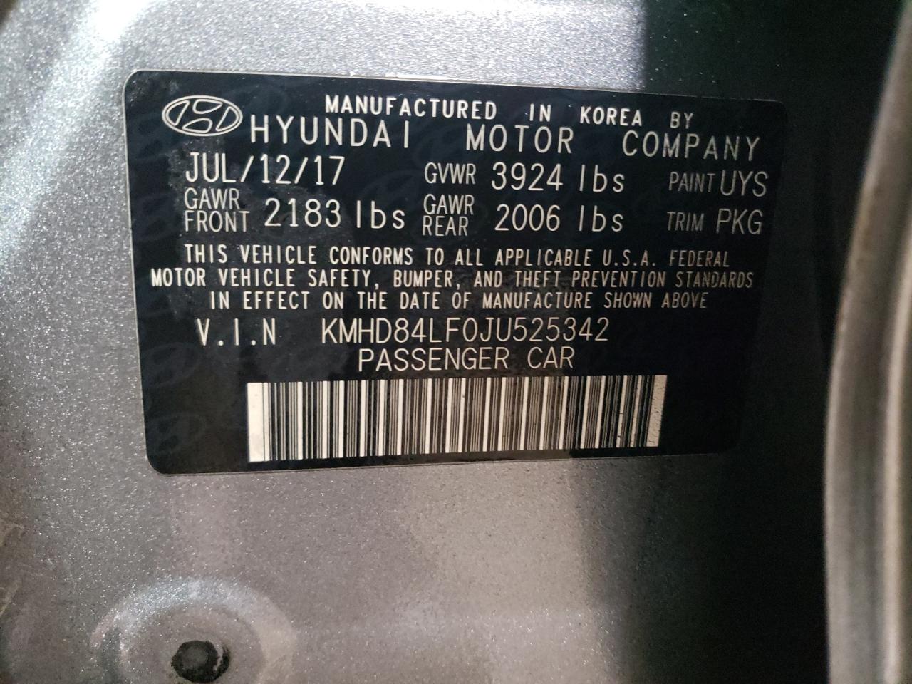 2018 Hyundai Elantra VIN KMHD84LF0JU525342 Copart auction photo, front end damage thumbnail 12