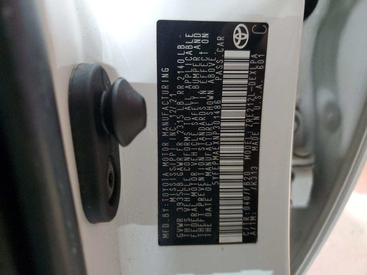 2022 Toyota Corolla VIN 5YFEPMAEXNP301486 Copart auction photo, front end / unknown damage thumbnail 13